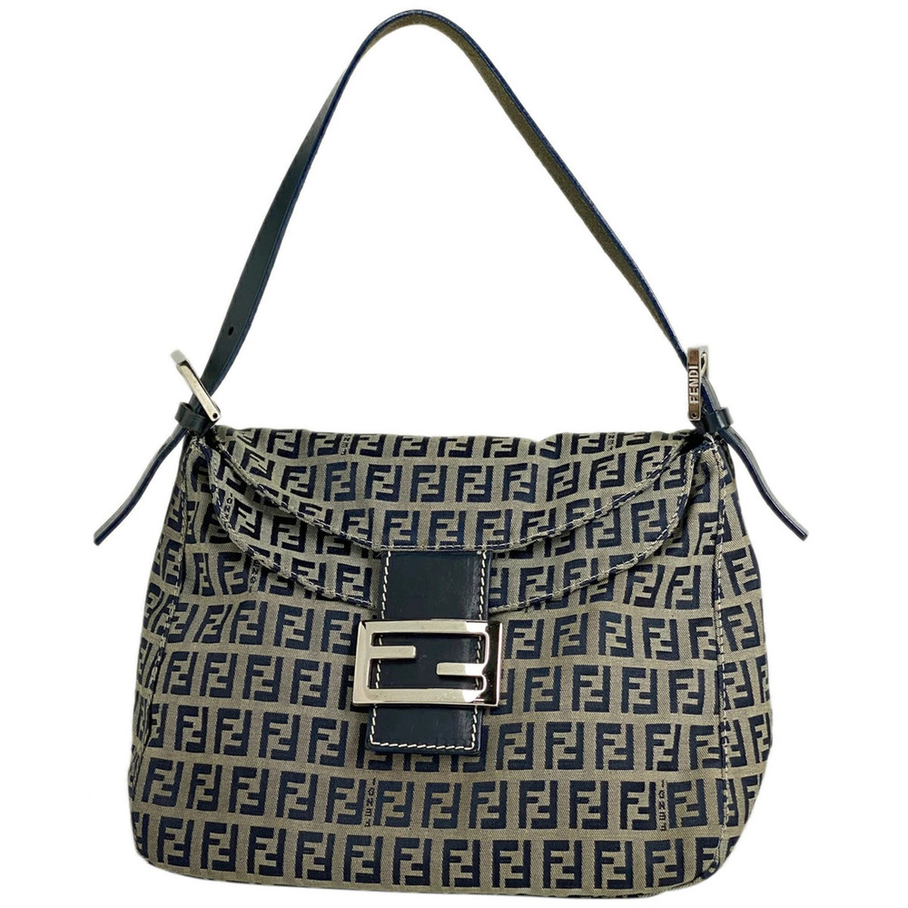 Fendi Zucchino Shoulder Bag Hobo Logo Canvas Gray Navy Blue